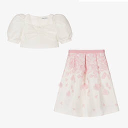 Mama Luma-طقم تنورة ساتان لون عاجي وزهري | Childrensalon Outlet