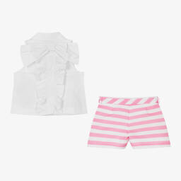 ماما لوما-طقم شورت ساتان تويل مقلم لون زهري وأبيض للبنات | Childrensalon Outlet