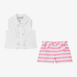 ماما لوما-طقم شورت ساتان تويل مقلم لون زهري وأبيض للبنات | Childrensalon Outlet