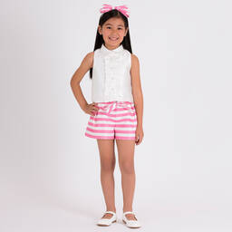 ماما لوما-طقم شورت ساتان تويل مقلم لون زهري وأبيض للبنات | Childrensalon Outlet