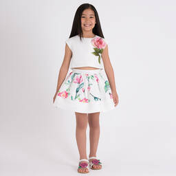 Mama Luma-Girls White Floral Satin Skirt Set | Childrensalon Outlet