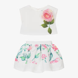 Mama Luma-Girls White Floral Satin Skirt Set | Childrensalon Outlet