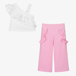 Mama Luma-طقم بنطلون تافتا لون زهري وأبيض مزين بكشكش | Childrensalon Outlet