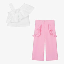Mama Luma-طقم بنطلون تافتا لون زهري وأبيض مزين بكشكش | Childrensalon Outlet