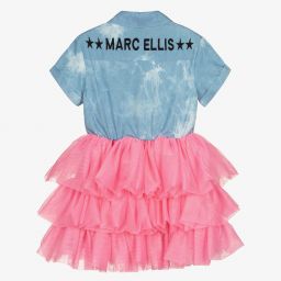 Marc Ellis-فستان قطن شامبري وتول لون أزرق وزهري | Childrensalon Outlet