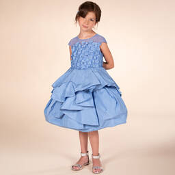 مارشيزا كيدز كوتور-فستان تافتا ومكرميه لون أزرق | Childrensalon Outlet