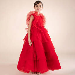 مارشيزا كيدز كوتور-فستان تول بطبقات وكسرات لون أحمر | Childrensalon Outlet