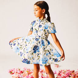 مارشيزا كيدز كوتور-فستان قطن لون أبيض وأزرق بطبعة ورود | Childrensalon Outlet