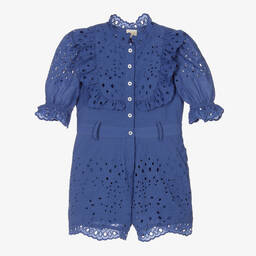 Marlo Kids-Girls Blue Embroidered Cotton Playsuit | Childrensalon Outlet