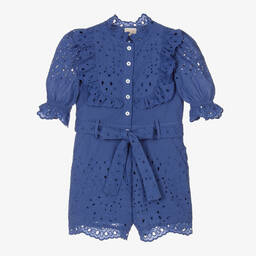 Marlo Kids-Girls Blue Embroidered Cotton Playsuit | Childrensalon Outlet