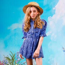 Marlo Kids-Girls Blue Embroidered Cotton Playsuit | Childrensalon Outlet