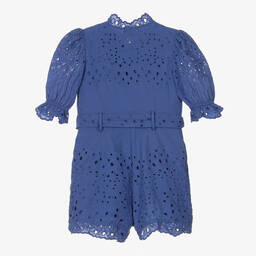 Marlo Kids-Girls Blue Embroidered Cotton Playsuit | Childrensalon Outlet