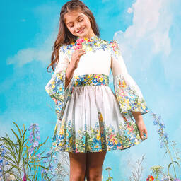 Marlo Kids-فستان قطن لون أبيض وعاجي بطبعة ورود | Childrensalon Outlet