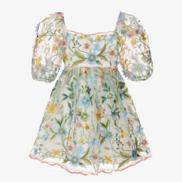 Marlo Kids-Girls White Tulle Dress with Floral Embroidery | Childrensalon Outlet