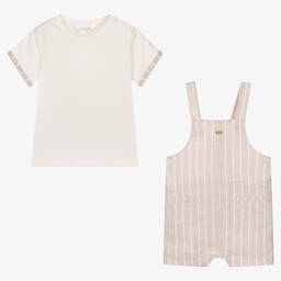 Mayoral-Бежевая футболка и полукомбинезон из хлопка и льна | Childrensalon Outlet