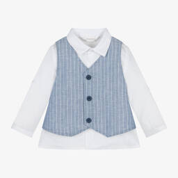 Mayoral Newborn-طقم شورت مزيج قطن وكتان لون أزرق وأبيض | Childrensalon Outlet