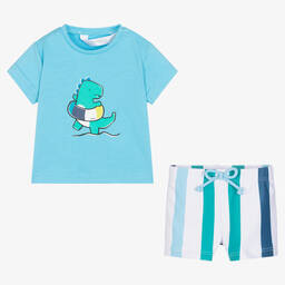 Mayoral-Голубая футболка с динозавром и плавки-шорты | Childrensalon Outlet