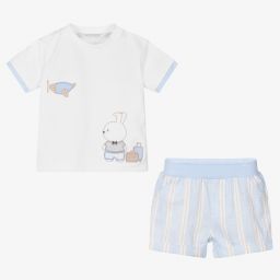 مايورال Newborn-طقم شورت قطن جيرسي لون أزرق وأبيض للمواليد | Childrensalon Outlet