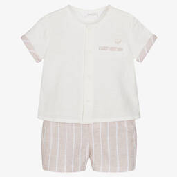 Mayoral-طقم شورت قطن وكتان لون عاجي وبيج للموااليد | Childrensalon Outlet