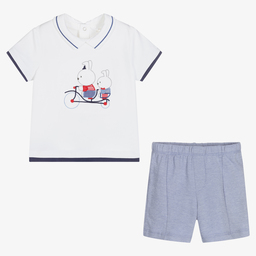 Mayoral Newborn-طقم شورت وتوب قطن جيرسي لون أبيض وأزرق للمواليد | Childrensalon Outlet
