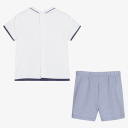 Mayoral Newborn-طقم شورت وتوب قطن جيرسي لون أبيض وأزرق للمواليد | Childrensalon Outlet