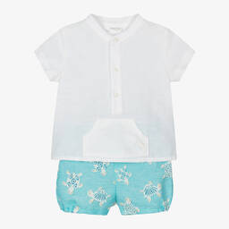 Mayoral Newborn-Baby Boys White & Blue Turtle Shorts Set | Childrensalon Outlet