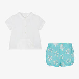 Mayoral Newborn-Baby Boys White & Blue Turtle Shorts Set | Childrensalon Outlet