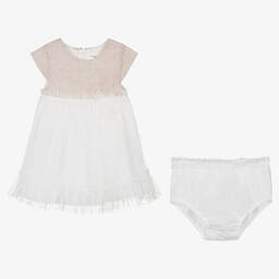 مايورال-فستان مزيج كتان وتول لون بيج وأبيض للمولودات | Childrensalon Outlet