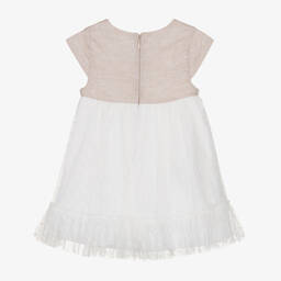 مايورال-فستان مزيج كتان وتول لون بيج وأبيض للمولودات | Childrensalon Outlet
