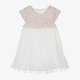 مايورال-فستان مزيج كتان وتول لون بيج وأبيض للمولودات | Childrensalon Outlet