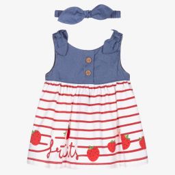 مايورال Newborn-طقم فستان قطن جيرسي لون أزرق ومقلم أحمر وعاجي للمولودات | Childrensalon Outlet