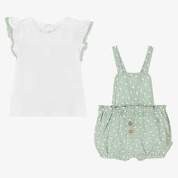 Mayoral-Baby Girls Green Floral Dungaree Shorts Set  | Childrensalon Outlet