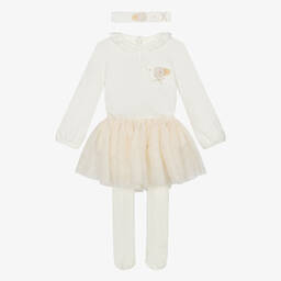 Mayoral-طقم أفرول قطن وتول لون عاجي وبيج للمولودات | Childrensalon Outlet