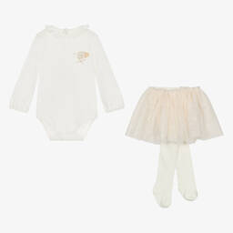 Mayoral-طقم أفرول قطن وتول لون عاجي وبيج للمولودات | Childrensalon Outlet