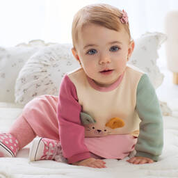 Mayoral-Baby Girls Ivory & Pink Bunny Dress | Childrensalon Outlet