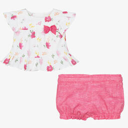 Mayoral-Baby Girls Pink Cotton Floral Shorts Set | Childrensalon Outlet