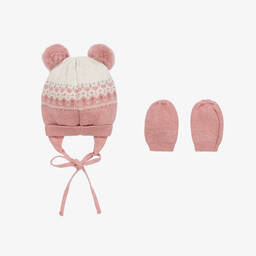 Mayoral-Baby Girls Pink Cotton Hat & Mittens Set | Childrensalon Outlet