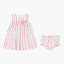 Mayoral-Baby Girls Pink & White Stripe Linen Dress | Childrensalon Outlet