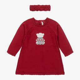 Mayoral-Baby Girls Red Knitted Bear Dress Set | Childrensalon Outlet