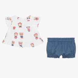 Mayoral-طقم شورت قطن لون أبيض وأزرق للمولودات | Childrensalon Outlet