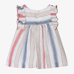 Mayoral-فستان قطن وكتان مقلم لون أبيض للمولودات | Childrensalon Outlet