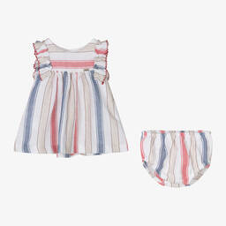 Mayoral-فستان قطن وكتان مقلم لون أبيض للمولودات | Childrensalon Outlet