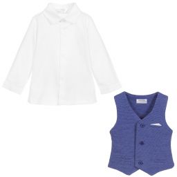 Mayoral Newborn-قميص و صدرية  قطن لون أزرق وأبيض للمواليد | Childrensalon Outlet