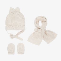 مايورال Newborn-طقم قبعة وسكارف وقفازات قطن محبوك لون بيج للمولودات | Childrensalon Outlet
