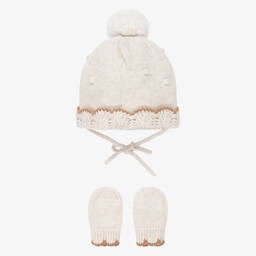 مايورال Newborn-طقم قبعة وسكارف وقفازات قطن محبوك لون بيج | Childrensalon Outlet