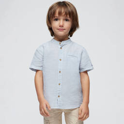 Mayoral-قميص قطن وكتان كاروهات لون أزرق وأبيض للأولاد | Childrensalon Outlet