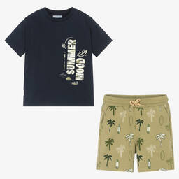 Mayoral-Синяя футболка и зеленые шорты из хлопка | Childrensalon Outlet