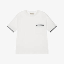 Mayoral Nukutavake-Boys Ivory Piqué Tee with Navy Accent | Childrensalon Outlet