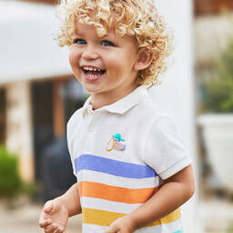 Mayoral-Boys Ivory Striped Cotton Polo Shirt | Childrensalon Outlet