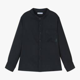 Mayoral-Boys Navy Collarless Twill Shirt | Childrensalon Outlet